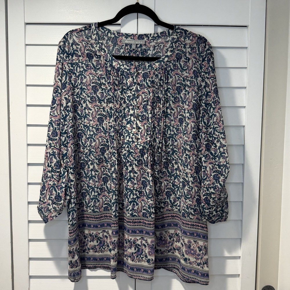 Daniel Rainn Boho Floral Paisley Pintuck Blouse Women's XL 3/4 Sleeve
